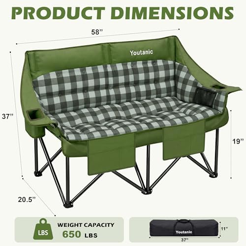 Youtanic Double Camping Chair, Heavy Duty 650lbs Padded Loveseat for Adults