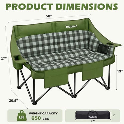 Youtanic Double Camping Chair, Heavy Duty 650lbs Padded Loveseat for Adults