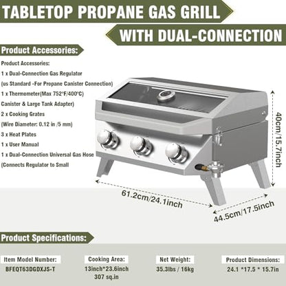 BESTFIRE Portable Propane Grill, 3-Burner Tabletop Gas Grill with 2-in-1 Connection for 1lb/20lb Tanks, 30,000 BTU Stainless Steel BBQ with Observation Window & Thermometer for Outdoor, Tailgating
