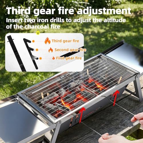 Portable Charcoal Grill 2-3 People Foldable Camping Grill for Outdoor Cooking, Small Charcoal Grill, Portable Fire Pit, Stainless Steel Mini Outdoor Grill for Camping, Picnic, Bonfire
