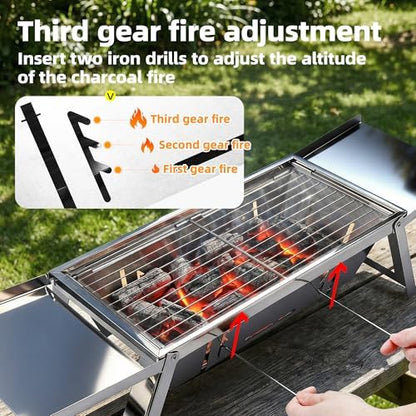 Portable Charcoal Grill 2-3 People Foldable Camping Grill for Outdoor Cooking, Small Charcoal Grill, Portable Fire Pit, Stainless Steel Mini Outdoor Grill for Camping, Picnic, Bonfire
