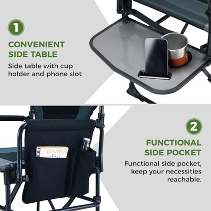 EVER ADVANCED Camping Directors' Chair with Side Table, Portable Folding with Compact Size, Heavy Duty Lawn Chair with Pocket for Camping, Sports and Fishing, 400lbs, Black Grey