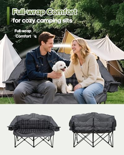 Padded Double Camping Chair Loveseat Oversized Camping Couch, Gray