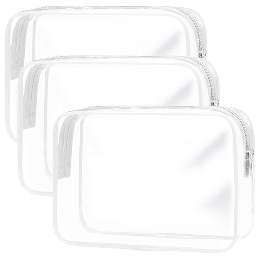 Clear Toiletry Bag, 3 Packs TSA Approved Water resistant Travel Organizer, Airport Airline Travel Essential Carry On Makeup Cosmetic Bags for Women, White - 3 packs