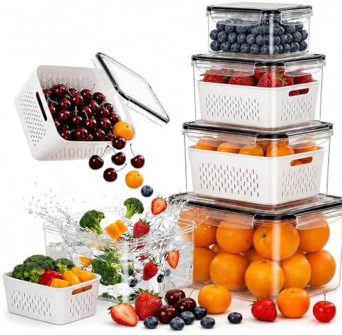 5 Pack Fruit Storage Containers for Fridge with Removable Colanders，5 in 1 Produce Storage Containers with Lids, Leakproof Fridge Organizer Bins for Salad Berry Lettuce Vegetables Meat Keeper Fresh