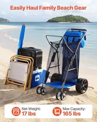 VEVOR Beach Cart, 165LBS Load Capacity, Portable Folding Beach Wagon Dolly with 10" Solid Wheel for Sand, Insulated Cooler Bag, Large Mesh Bag&Umbrella Holder for Outdoor Camping Fishing