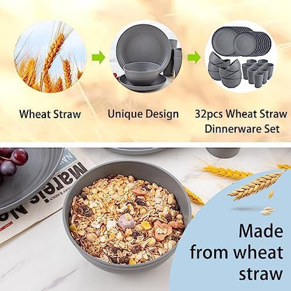 Supernal 32 Pcs Dark Grey Wheat Straw Dinnerware Sets For RV And Dorm Room