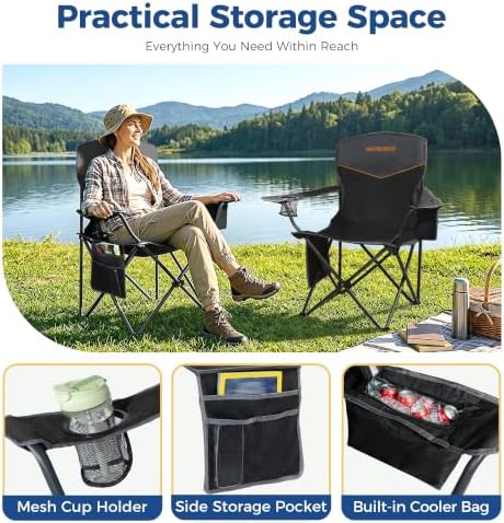 Outdoor Folding Camping Chairs 2 Pack, 350 lbs Capacity, Black