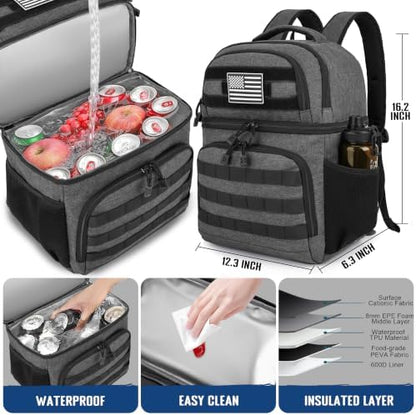 MOZETO Lunch Backpack for Men, Tactical Inspired Double Deck Cooler Backpack Insulated Leakproof RFID Lunchbox for Work (Dark Gray)