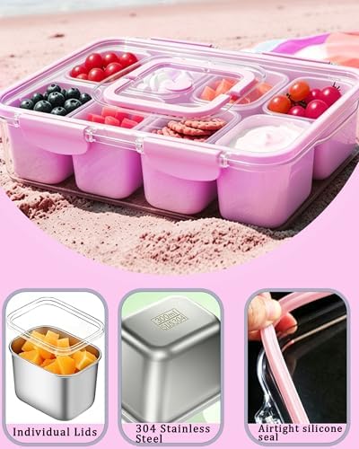 Snackle Box Container, Stainless Steel Divided Serving Tray with Lid and Handle, Large Snack Tray for Fruit Veggie Candy, 8-Compartment Snack Platter for Travel Beach Picnic,with Pink Silicone Sleeve