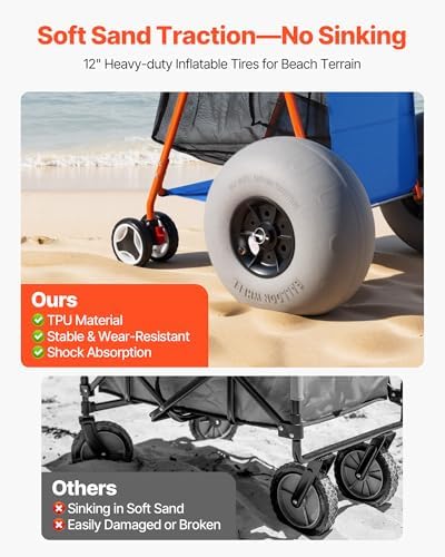 VEVOR Beach Cart with Large Wheels for Sand, 165 lbs Load Capacity, Heavy Duty Folding Beach Wagon with 12" Balloon Wheels, Insulated Cooler Bag, Umbrella Holder, Holds 4 Chairs for Camping & Fishing