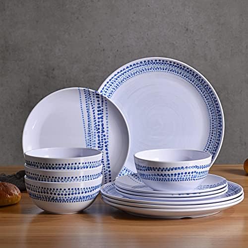 Melamine Dinnerware Sets, 12Pcs Plates and Bowls Sets Dinnerware Sets for 4, Unbreakable Dish Set for Indoor and Outdoor Use, Dishwasher Safe Raindrops Design