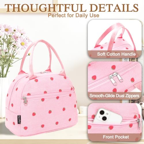 FlowFly Insulated Lunch Bag for Women – Corduroy Lunch Tote Box, Cute Cooler Bag for Work, Travel, Picnic,Corduroy Strawberries RoseRed