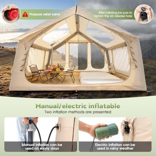 Inflatable Camping Tent with Electric Air Pump - 420D Heavy Duty Oxford - 5 Min Auto-Inflation - Panoramic Stargazing Skylight - 4 Season Luxury Glamping Cabin, 4-10 Person Multiple Sizes