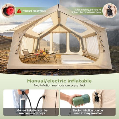 Inflatable Camping Tent with Electric Air Pump - 420D Heavy Duty Oxford - 5 Min Auto-Inflation - Panoramic Stargazing Skylight - 4 Season Luxury Glamping Cabin, 4-10 Person Multiple Sizes