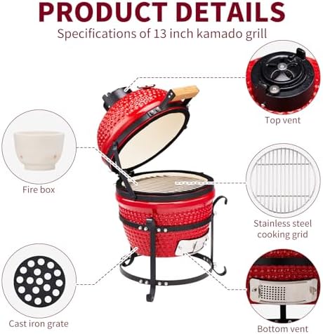 Outvita 13" Round Kamado Charcoal Grill, Portable, Red