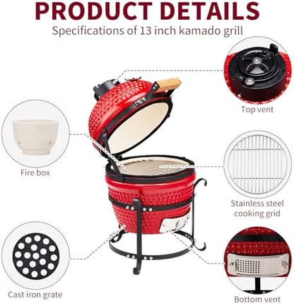 Outvita 13" Round Kamado Charcoal Grill, Portable, Red