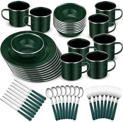 Nuogo 48 Pcs Camping Dinnerware Enamel Mugs Plates Bowls Utensils, Green