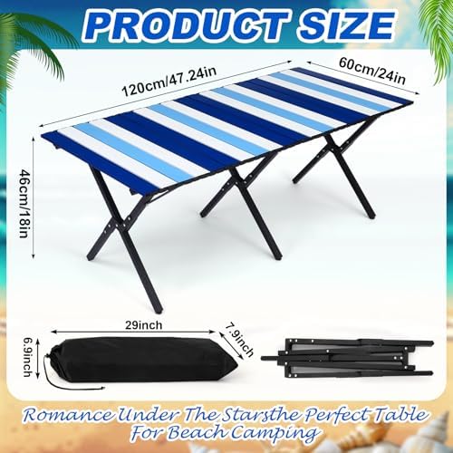 CroBlissful Beach Table Folding Camping Portable Table Striped White Aluminum Side with Carry Bag for Summer Camping Picnics and Outdoor Activities(48x24x18 in,Navy Blue)