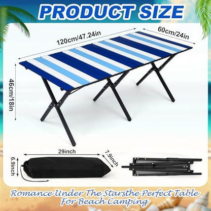 CroBlissful Beach Table Folding Camping Portable Table Striped White Aluminum Side with Carry Bag for Summer Camping Picnics and Outdoor Activities(48x24x18 in,Navy Blue)