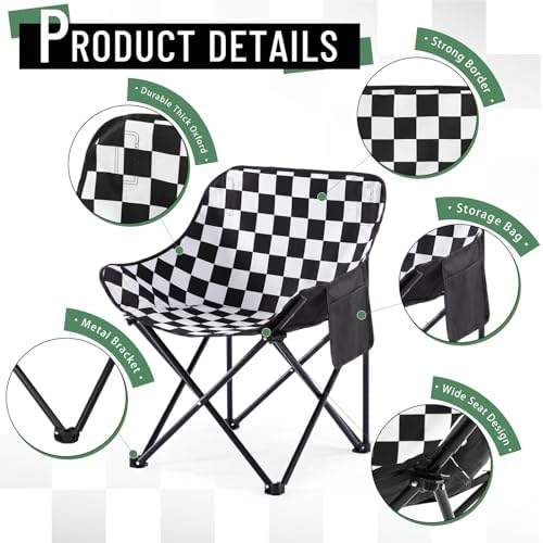 2 Pack Folding Camping Chairs Portable, Black, White, Chessboard