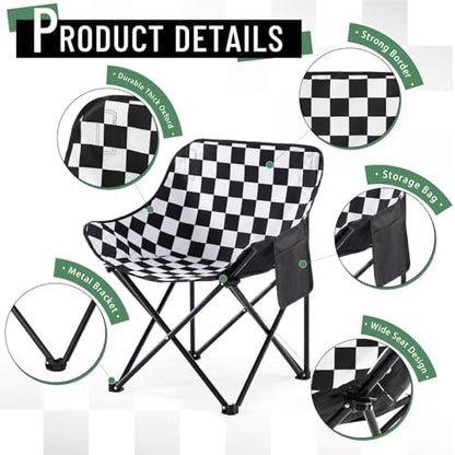 2 Pack Folding Camping Chairs Portable, Black, White, Chessboard