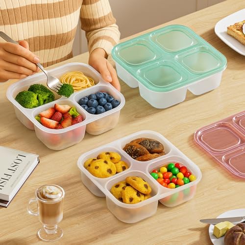 Canfanni 6 Pcs Snack Box Container Set, Reusable 3&4 Compartment Meal Prep Snack Containers for Adults Kids Toddler, BPA-Free Divided Lunchable Container for School, Work and Travel (All Transparent)
