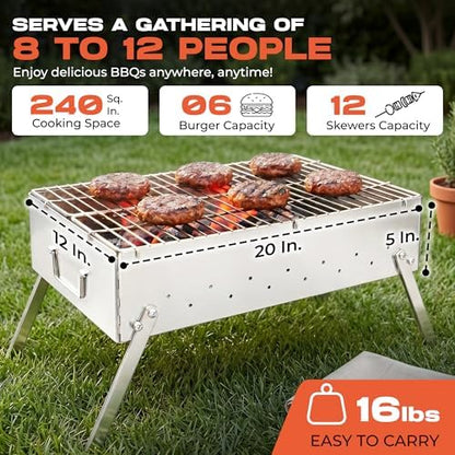 TSG Portable Stainless Steel Mangal Charcoal Grill For Shish Kebab, Steaks, Burgers | 20X12Inch| Includes 6 Skewers, 2 Tongs & Carry Bag | Foldable & Rustproof for Outdoor Cooking | Serves 8-12 People