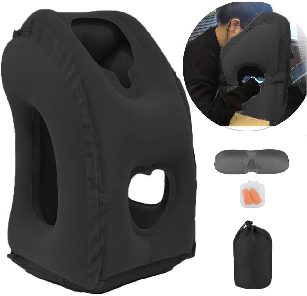 Inflatable Travel Pillow for Airplane, Neck Air Pillow for Sleeping to Avoid Neck and Shoulder Pain, Support Head and Lumbar, Used for Airplane, Car, Bus and Office (Black)