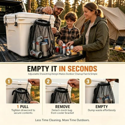 Outdoor Cooler Mesh Trash Bag Attachment,Cooler Can Trash Bag,Tool-Free Trash Can Accessory Fits Most Roto-Molded Coolers for Camping, Fishing, Boats, Pontoons, Kayaks, Truck Beds, SXS & ATV