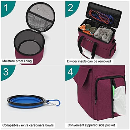 Modoker Weekend Dog Travel Bag with 2 Food Bags, 2 Bowls and Mat,Rose Red