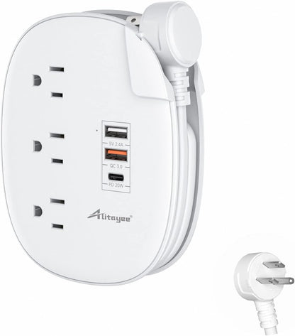 Alitayee 20W USB C Power Strip with 3 Outlets and USB C Fast Charging for iPhone, QC 3.0 Charger, Flat Plug and 3ft Wrapped Around Extension Cord for Cruise Travel Home Office Dorm