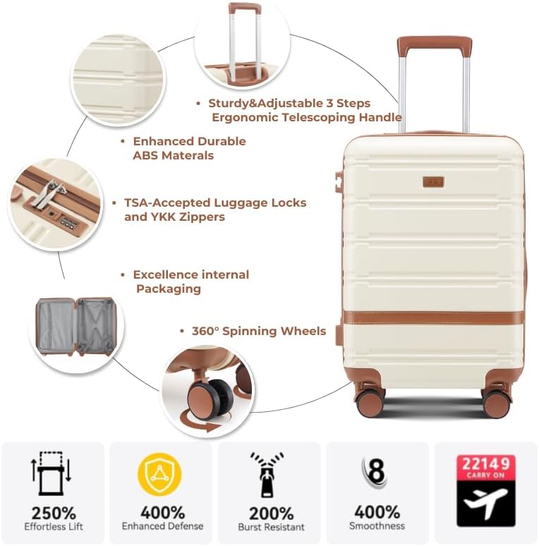 Luggage Sets 3 Piece with spinner wheels, PC+ABS Hard Shell Travel Luggage,Lightweight Carry-on suitcases with TSA Lock,YKK Zippers (Gray)