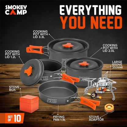 Smokey Camp Camping Cookware Mess Kit Set with Stove - Backpacking Camping Pots and Pans Set, All in One Non-Stick Camping Cooking Set, Portable Stove, Hiking, Picnic, Outdoor & Camping Cookware Set