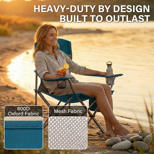 2 Pack Camping Chairs for Adults,Oversized Mesh Back Lawn Chair with Cup Holder, Side Pocket&Bag for Outdoor,Beach,Picnic,Fishing,and Sports,Breathable,Heavy Duty,Blue