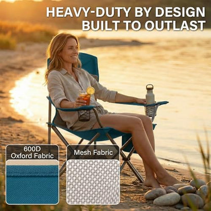 2 Pack Camping Chairs for Adults,Oversized Mesh Back Lawn Chair with Cup Holder, Side Pocket&Bag for Outdoor,Beach,Picnic,Fishing,and Sports,Breathable,Heavy Duty,Blue
