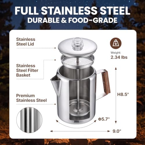 KingCamp Percolator Coffee Pot,304 Stainless Steel,Large Capacity,12 Cup