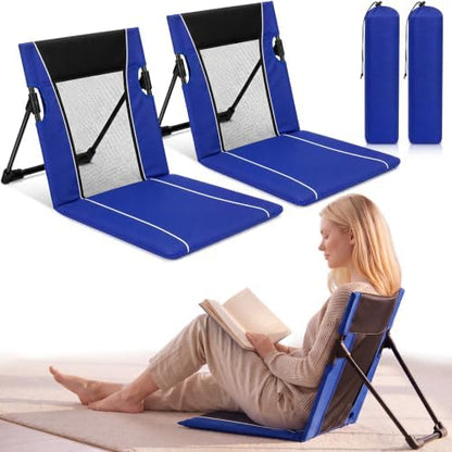 2pack Foldable Floor Chair with Back Support Folding Beach Chair, Blue