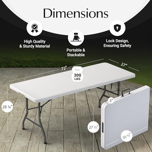 10 Pack of 6 Feet Foldable Table with Built in Handle & Steel Legs | 6FT Heavy Duty Folding Portable | Perfect for Party, Dining, Wedding, Events, Picnic Indoor, Outdoor, Camping, Utility Folding