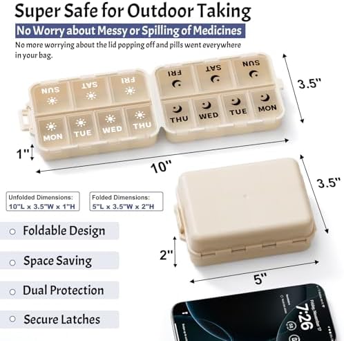 Foldable Portable 7 Day Pill Organizer 2 Times a Day, AM PM Weekly Pill Box