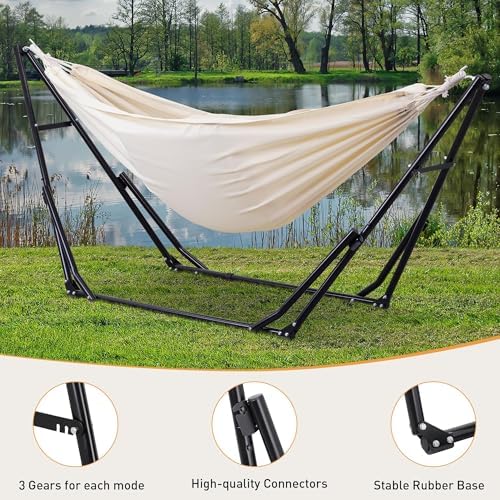 Ainfox Hammock with Foldable Stand, 2 in 1 Hammock and Swinging Chair with Carrying Bag, Portable Camping Chair Suitable for Outside, Swing,Patio,Garden,Camping Trip Beige