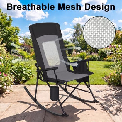 Romswi 2 Pack Folding Rocking Camping Chairs for Adults, Heavy Duty Outdoor Rocker with Breathable Mesh Back, Hard Armrests, Cup Holder, Supports 400 lbs for Patio, Lawn, Beach, Black