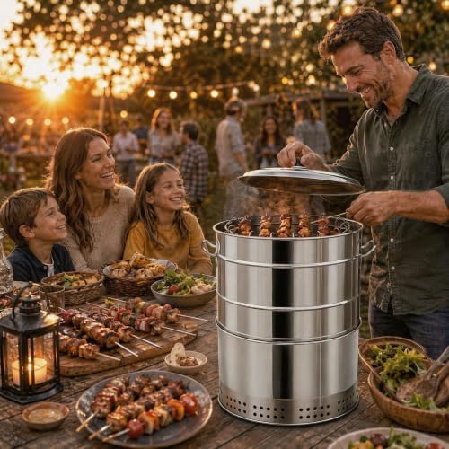 Portable Stainless Steel Charcoal Grill, Smokeless Barrel BBQ Grill with 50 Skewers, Large Capacity 360° Outdoor Cooking for Camping, Picnic, and Backyard Barbecue