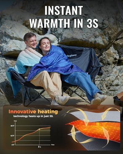 KingCamp Heated Double Camping Chair, Oversized 880lbs Heavy Duty Loveseat for Adults Portable Folding XL 2 Person Couch Padded Comfortable with 3 Heat Levels for Outdoor Sports Lawn, Black/Grey