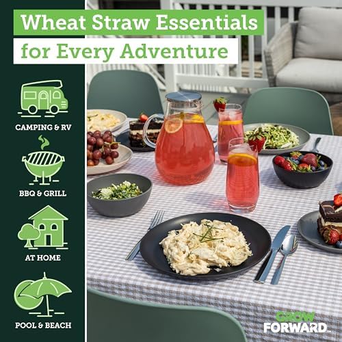 Grow Forward 24-piece Premium Wheat Straw Dinnerware Sets for 8 - Unbreakable Dishwasher & Microwave Safe Plastic Plates and Bowls Sets - Patio, Outdoors, RV, Camping Dishes - Moonlight