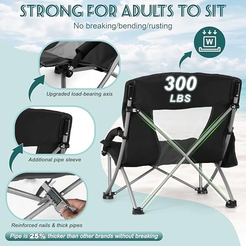 HaSteeL Low Beach Chairs for Adults, Lightweight Camping Folding Chair with Carrying Bag, Portable for Outdoors Lawn Backyard Patio RV Trip Fishing Sport Tailgating, Support 300LBS, Black, 2 Pack
