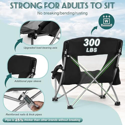 HaSteeL Low Beach Chairs for Adults, Lightweight Camping Folding Chair with Carrying Bag, Portable for Outdoors Lawn Backyard Patio RV Trip Fishing Sport Tailgating, Support 300LBS, Black, 2 Pack