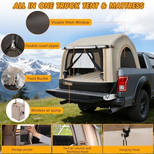 All-in-One Inflatable Truck Bed Tent with Mattress for 5.5-6.5FT,Built in Wireless Rechargeable Air Pump,3 Mins Fast Setup,Waterproof PU 2000MM Pickup Truck Tent for Camping Road Trip