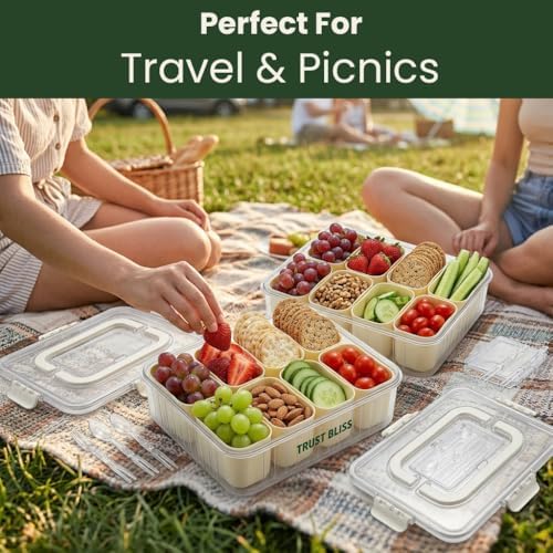 Snackle Box Container 2 Pack with Lid & Handle | BPA-Free 8-Compartment Divided Serving Tray, Snack Tackle Box & Snack Organizer, Portable Charcuterie Board with Lid & Utensil Tray for Party & Travel