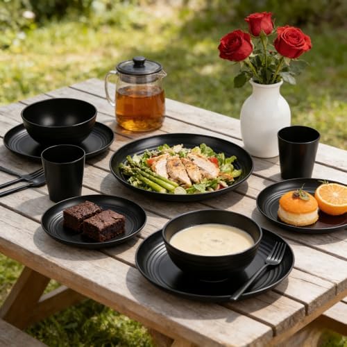 Supernal 32-Piece Black Wheat Straw Dinnerware Sets, Unbreakable Dish Sets